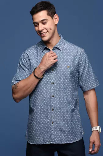 men's ethnic motifs blue slim fit shirt