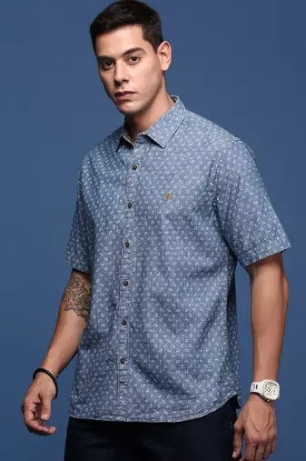 men's ethnic motifs blue slim fit shirt