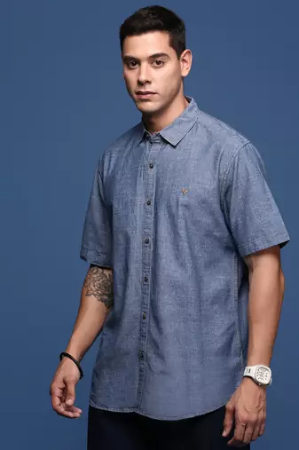 men's solid blue slim fit shirt