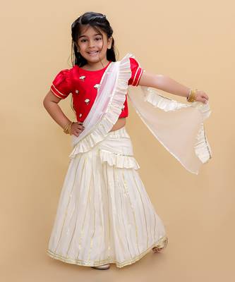 Off white lehenga with red choli and dupatta set 1