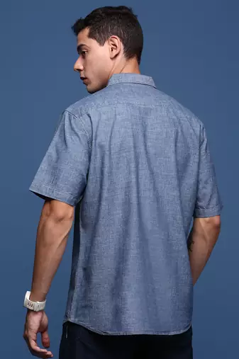men's solid blue slim fit shirt