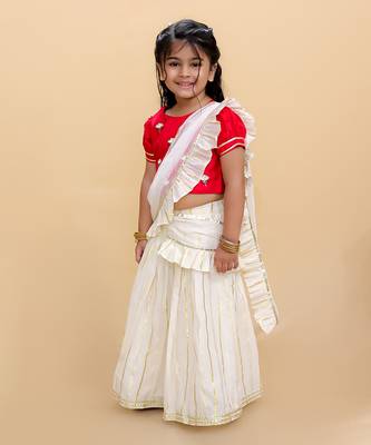 Off white lehenga with red choli and dupatta set 2