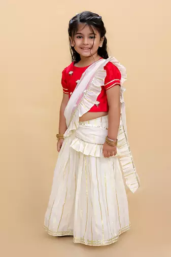 Off white lehenga with red choli and dupatta set