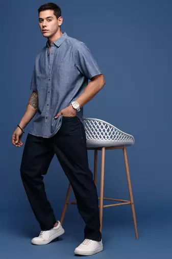 men's solid blue slim fit shirt