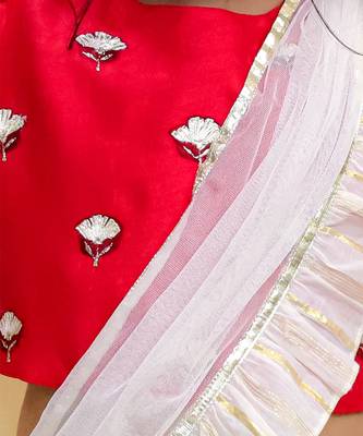 Off white lehenga with red choli and dupatta set 4