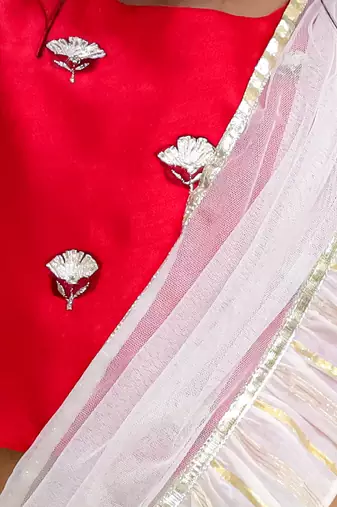 Off white lehenga with red choli and dupatta set
