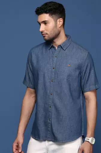 men's solid blue slim fit shirt