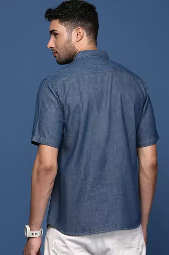 men's solid blue slim fit shirt