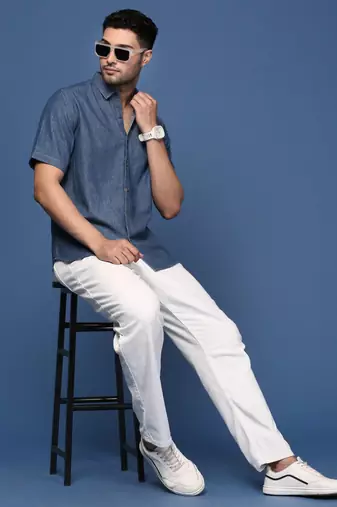 men's solid blue slim fit shirt