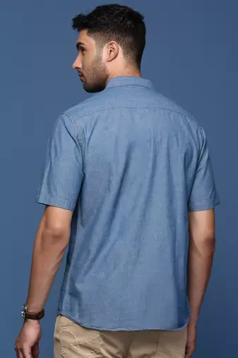 men's solid blue slim fit shirt