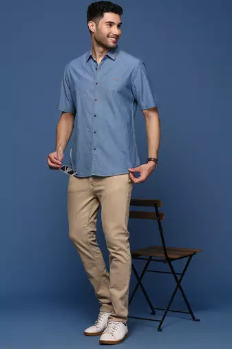 men's solid blue slim fit shirt