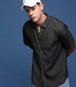 men's solid black slim fit shirt