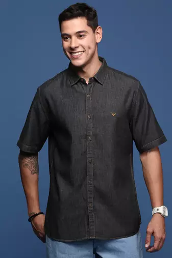men's solid black slim fit shirt