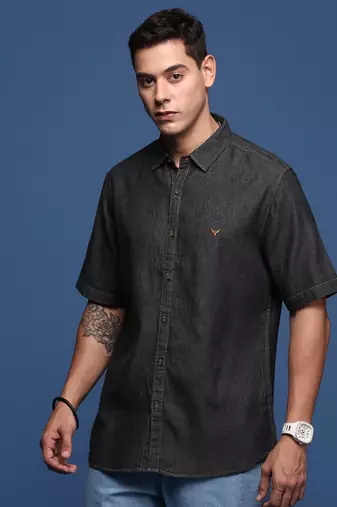men's solid black slim fit shirt