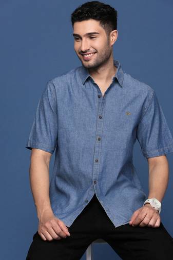men's solid blue slim fit shirt