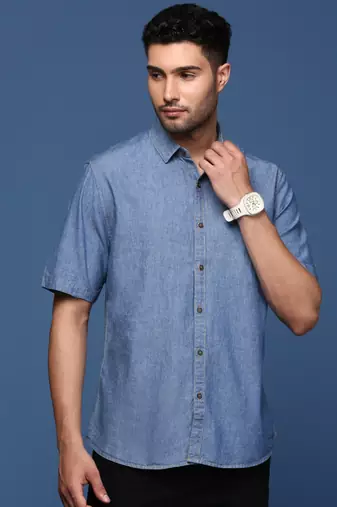 men's solid blue slim fit shirt