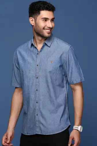 men's solid blue slim fit shirt