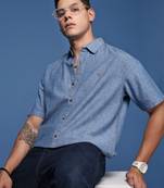 men's solid blue slim fit shirt