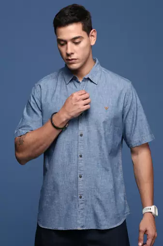 men's solid blue slim fit shirt