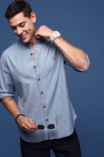 Showoff men's mandarin collar solid blue slim fit shirt