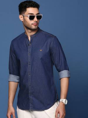 men's mandarin collar solid navy blue slim fit shirt 1