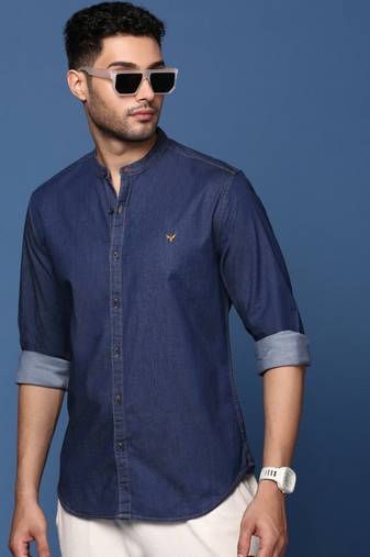 men's mandarin collar solid navy blue slim fit shirt