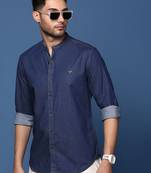 men's mandarin collar solid navy blue slim fit shirt