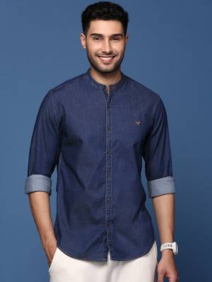 men's mandarin collar solid navy blue slim fit shirt 2
