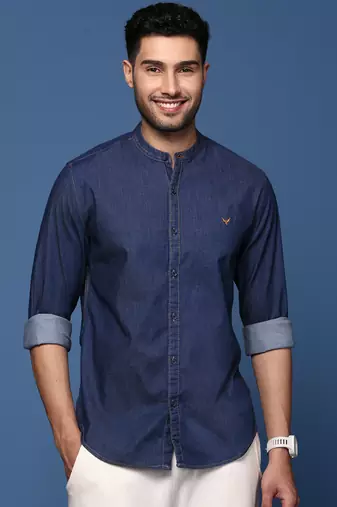 men's mandarin collar solid navy blue slim fit shirt