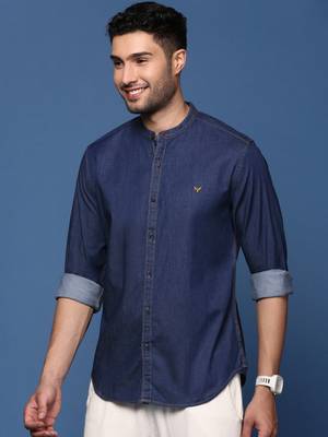 men's mandarin collar solid navy blue slim fit shirt 3
