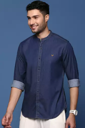 men's mandarin collar solid navy blue slim fit shirt