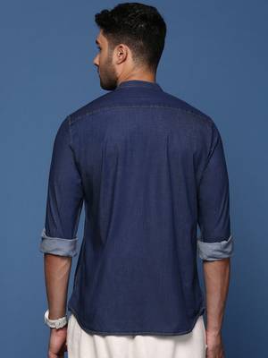 men's mandarin collar solid navy blue slim fit shirt 4