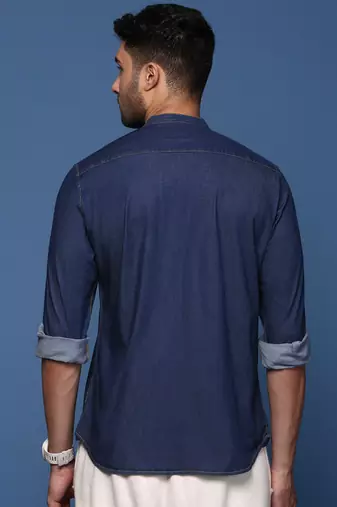 men's mandarin collar solid navy blue slim fit shirt