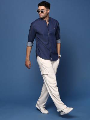 men's mandarin collar solid navy blue slim fit shirt 5