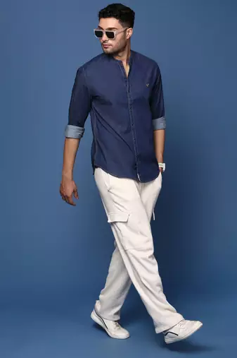 men's mandarin collar solid navy blue slim fit shirt