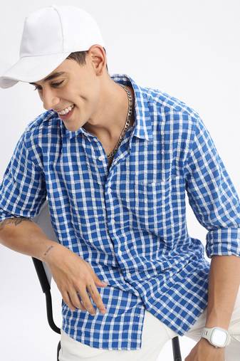 men's long sleeves gingham checks slim fit blue shirt