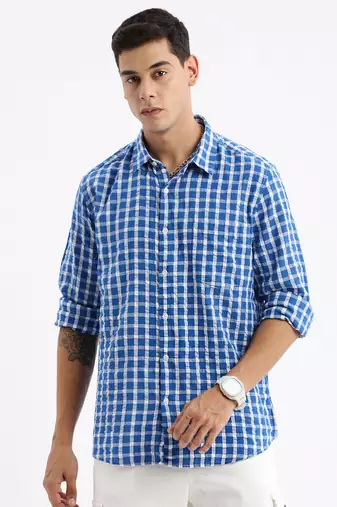 men's long sleeves gingham checks slim fit blue shirt