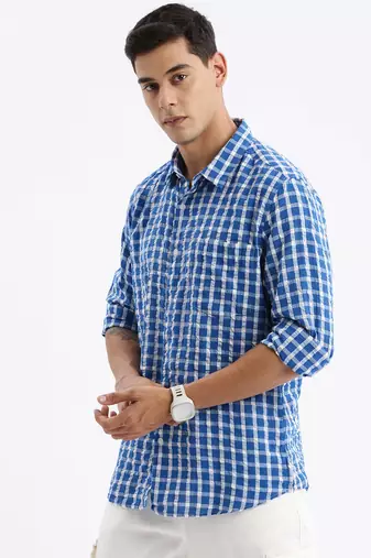 men's long sleeves gingham checks slim fit blue shirt