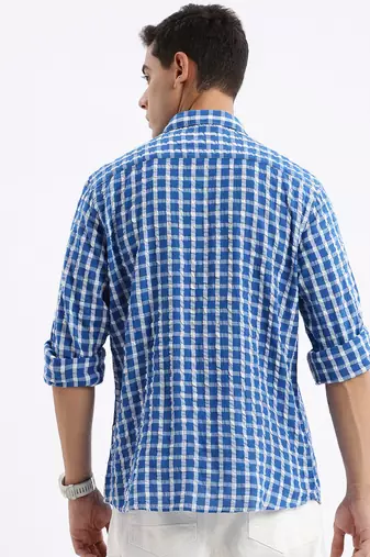 men's long sleeves gingham checks slim fit blue shirt