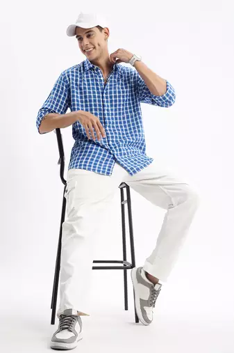 men's long sleeves gingham checks slim fit blue shirt