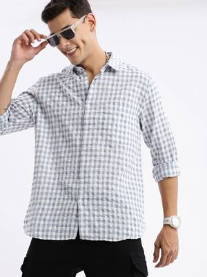 men's long sleeves gingham checks slim fit grey shirt 1