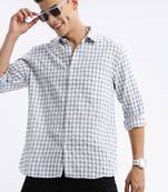 men's long sleeves gingham checks slim fit grey shirt