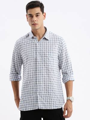 men's long sleeves gingham checks slim fit grey shirt 2