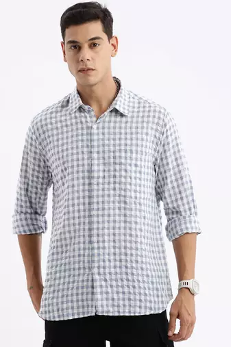men's long sleeves gingham checks slim fit grey shirt