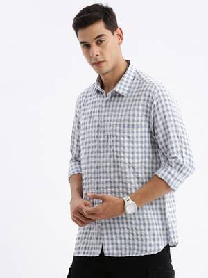 men's long sleeves gingham checks slim fit grey shirt 3