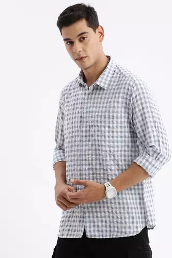 men's long sleeves gingham checks slim fit grey shirt
