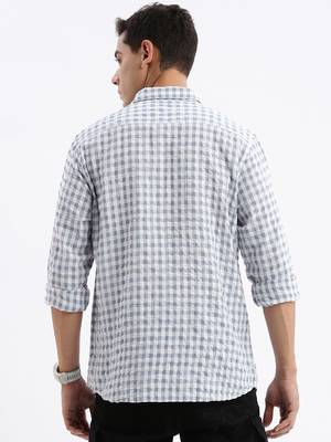 men's long sleeves gingham checks slim fit grey shirt 4