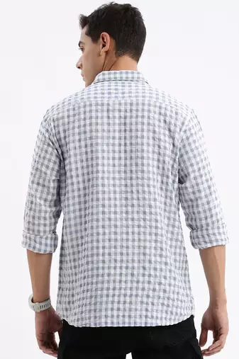 men's long sleeves gingham checks slim fit grey shirt