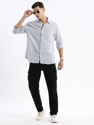 men's long sleeves gingham checks slim fit grey shirt 5