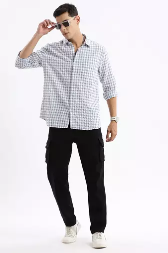 men's long sleeves gingham checks slim fit grey shirt
